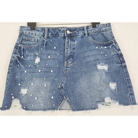 Angel Kiss Los Angeles ~Woman Size L~ Blue Denim Mini Skirt Distressed/ Pearls. - Picture 1 of 14